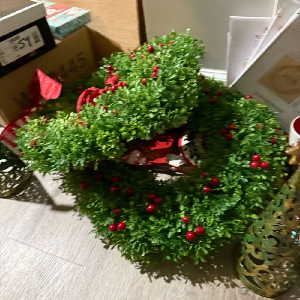 Green Wreath with Red Bow and Berries SET of TWO